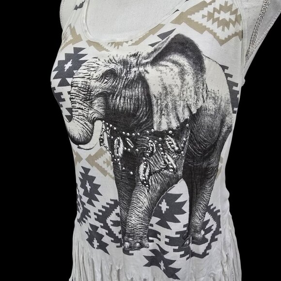 Rock & Rose Elephant Fringe Tank Top – Tribal Print, Scoop Neck, Cotton Blend S - Picture 4 of 7